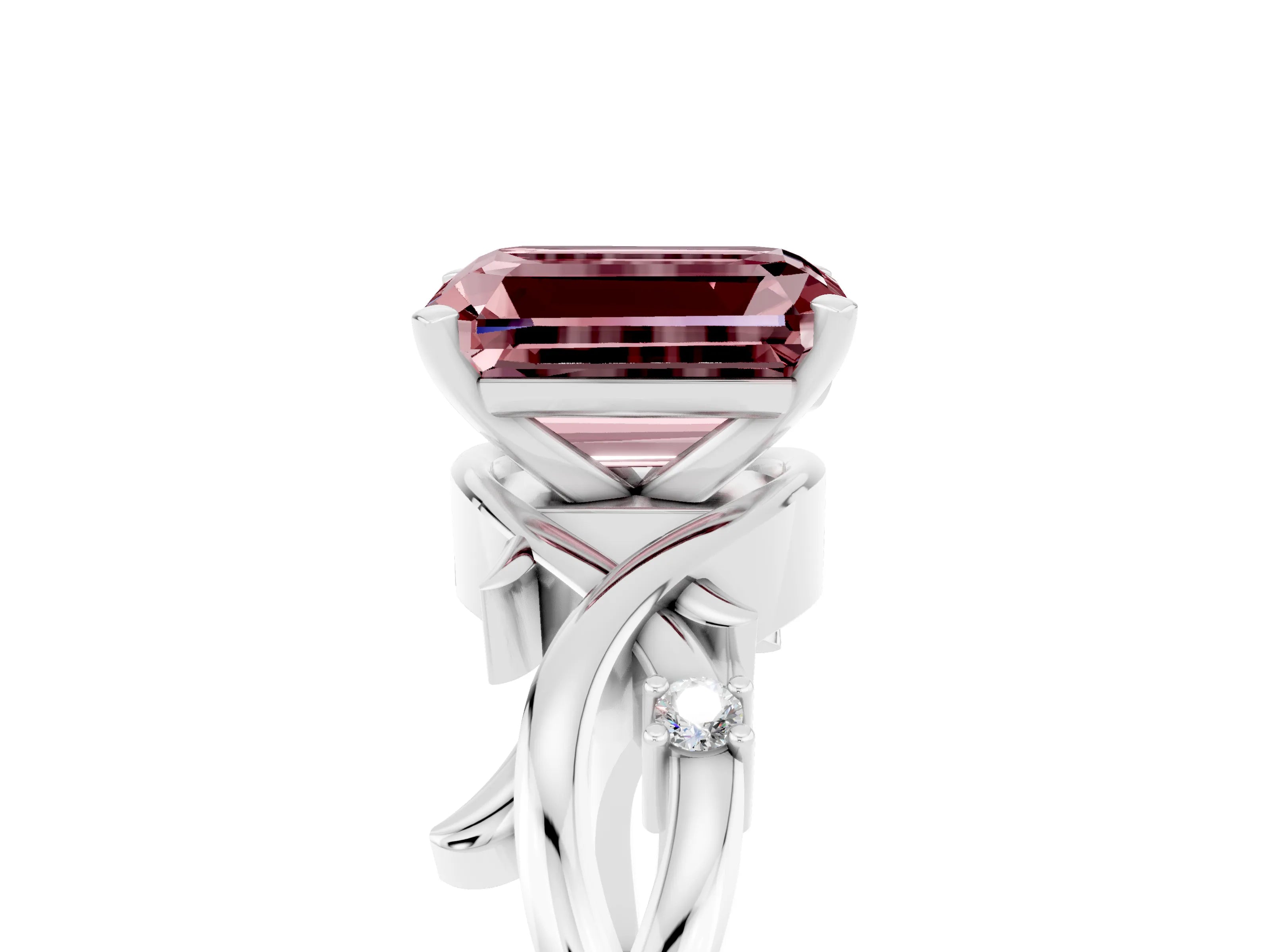 White gold Emerald Cut Morganite Solitaire Ring with Twisted Band and Prong Setting_17