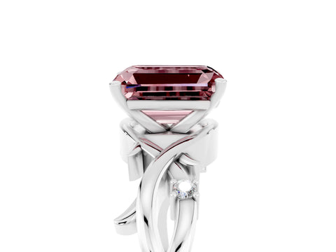 White gold Emerald Cut Morganite Solitaire Ring with Twisted Band and Prong Setting_17