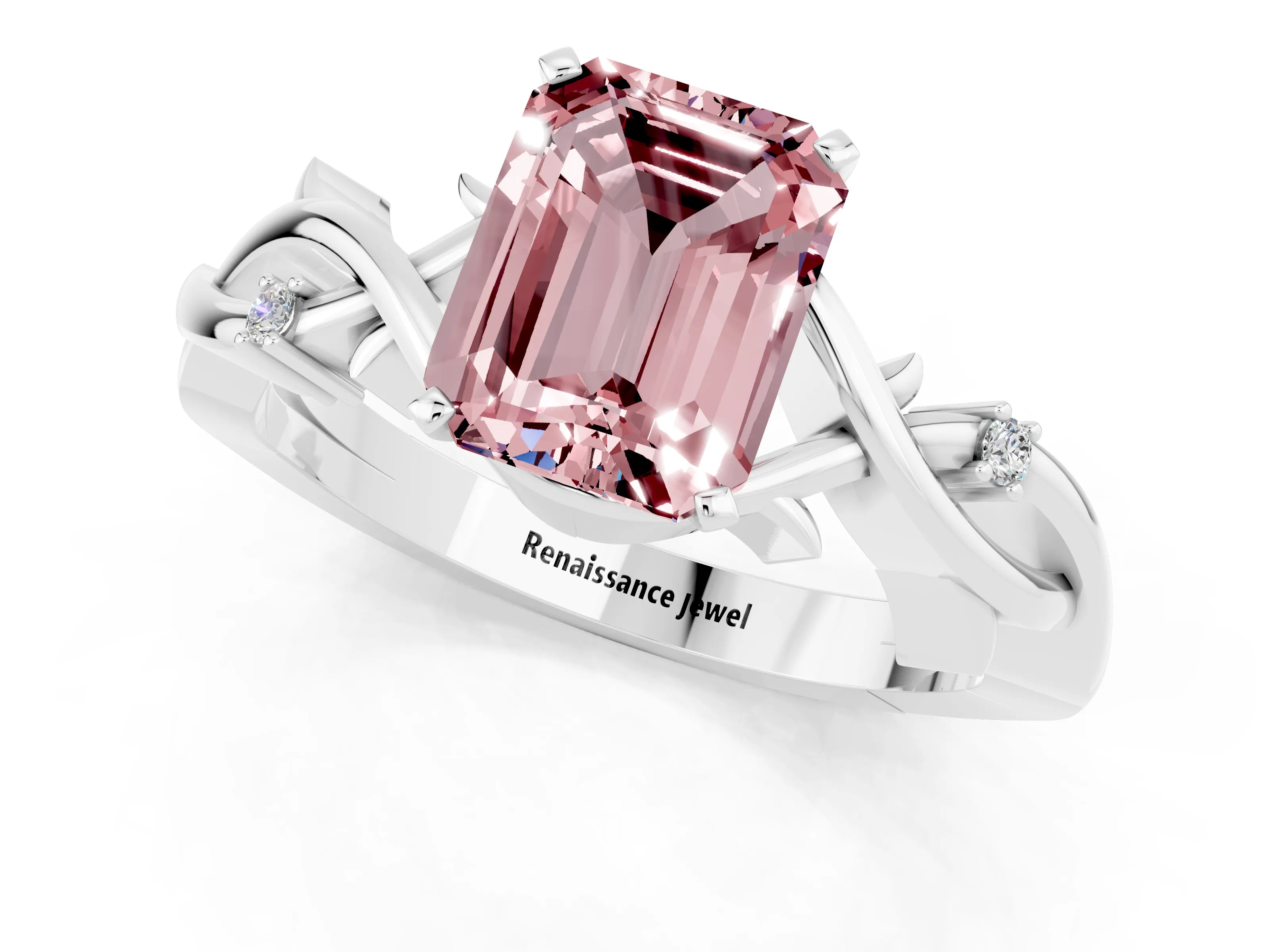 White gold Emerald Cut Morganite Solitaire Ring with Twisted Band and Prong Setting_1