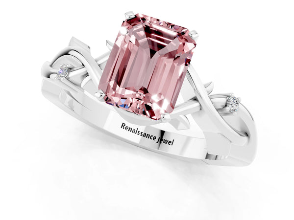 Silver Emerald Cut Morganite Solitaire Ring with Twisted Band and Prong Setting