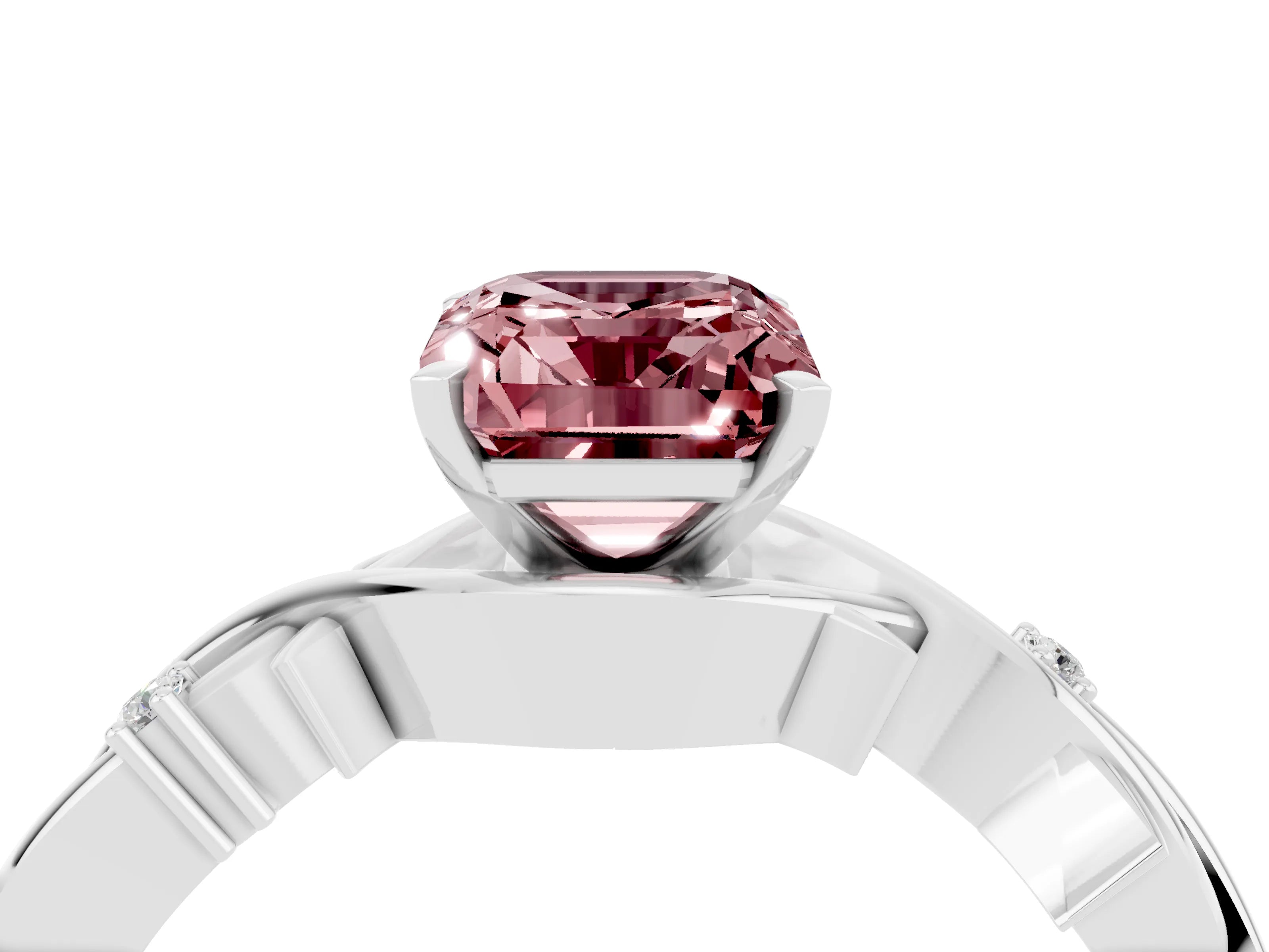 White gold Emerald Cut Morganite Solitaire Ring with Twisted Band and Prong Setting_4