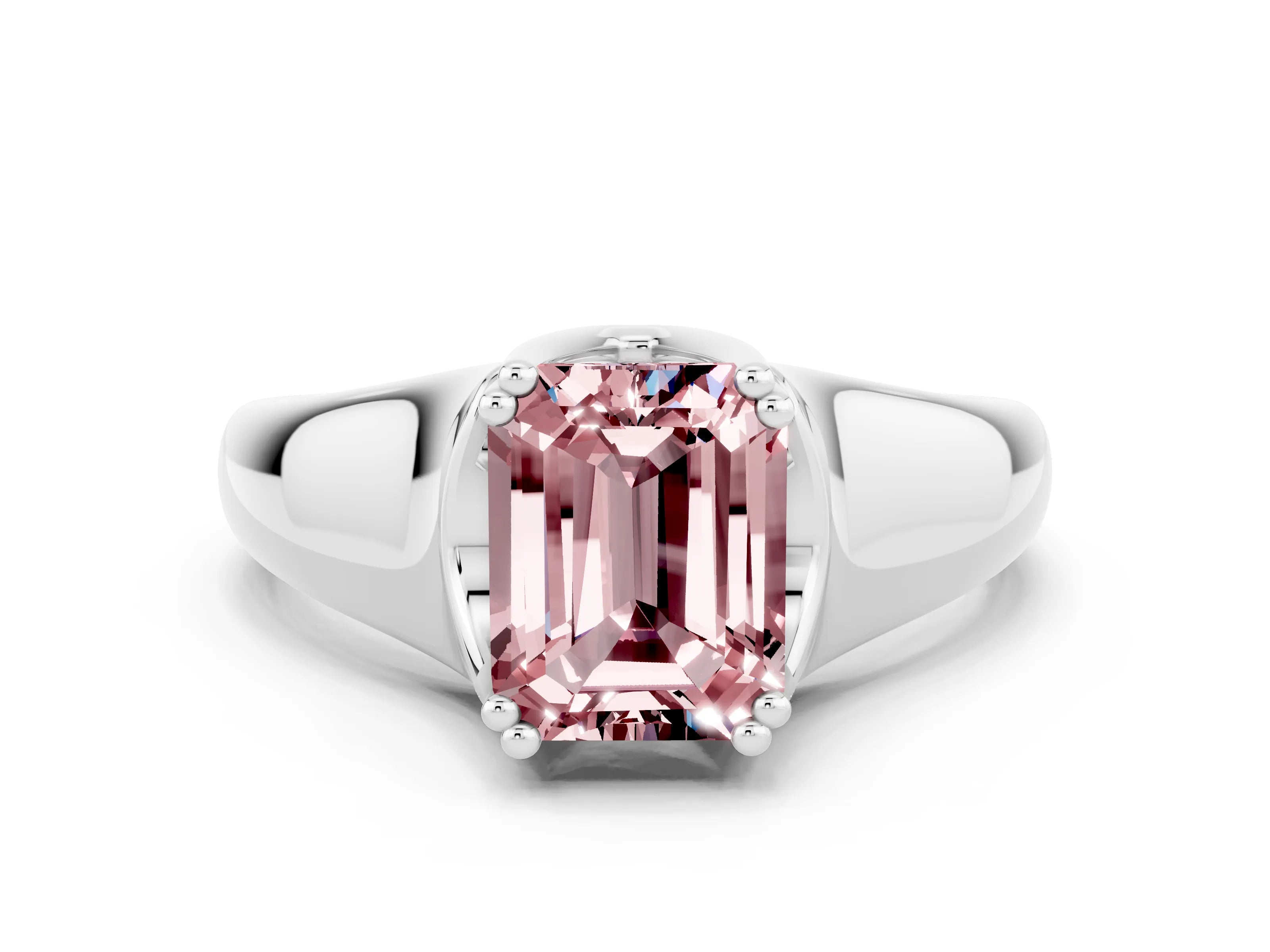 White gold Emerald Cut Morganite Solitaire Ring with Wide Band and Prong Setting