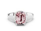 White gold Emerald Cut Morganite Solitaire Ring with Wide Band and Prong Setting