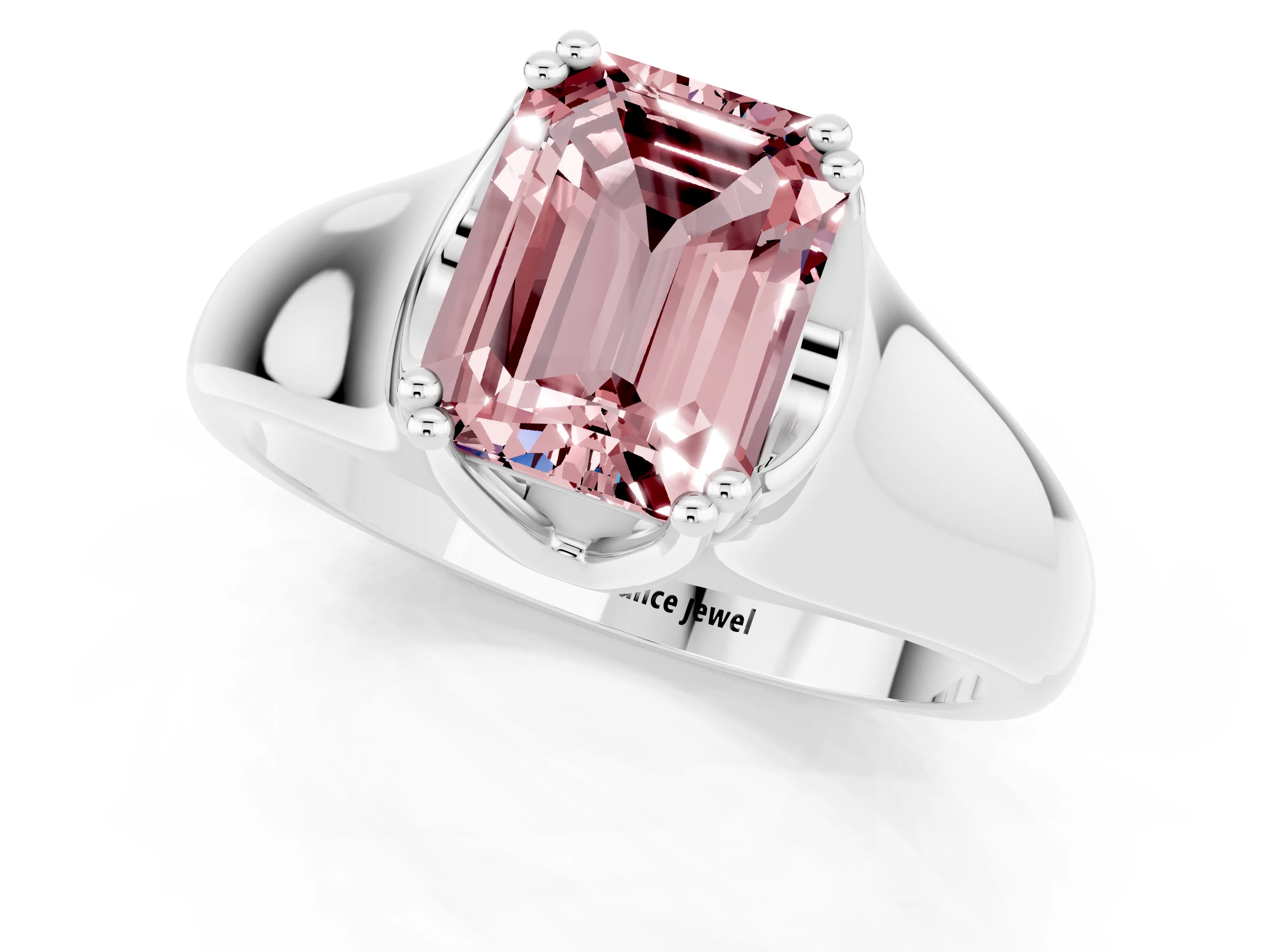 White gold Emerald Cut Morganite Solitaire Ring with Wide Band and Prong Setting_1