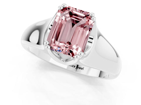 White gold Emerald Cut Morganite Solitaire Ring with Wide Band and Prong Setting_1