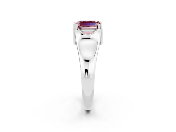Platinum Emerald Cut Morganite Solitaire Ring with Wide Band and Prong Setting
