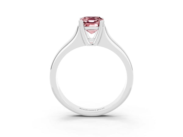 Silver Emerald Cut Morganite Solitaire Ring with Wide Band and Prong Setting