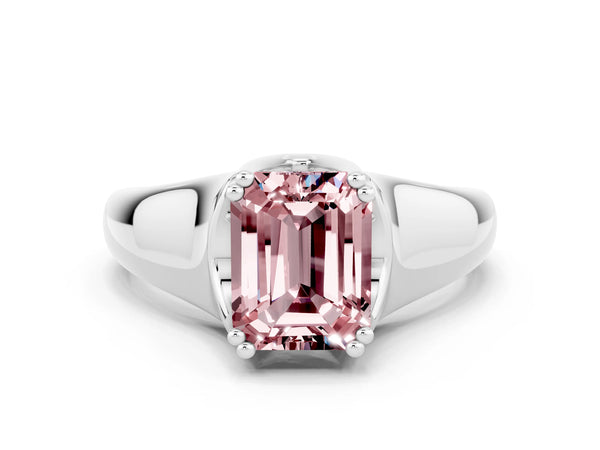 Silver Emerald Cut Morganite Solitaire Ring with Wide Band and Prong Setting