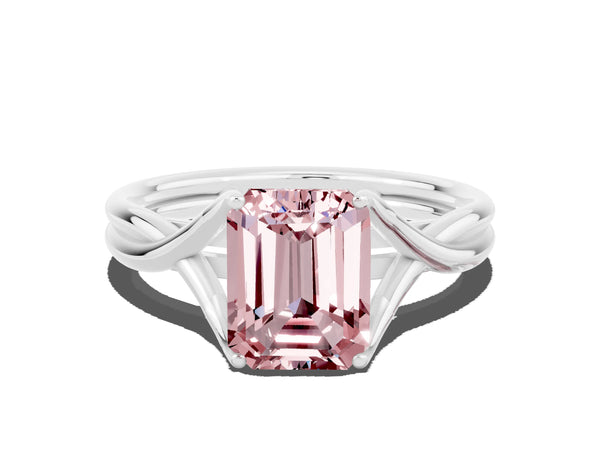 Platinum Emerald Cut Morganite Solitaire Twist Band Prong Setting Ring