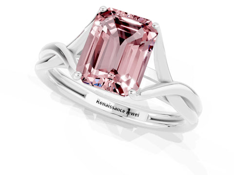 White gold Emerald Cut Morganite Solitaire Twist Band Prong Setting Ring_37
