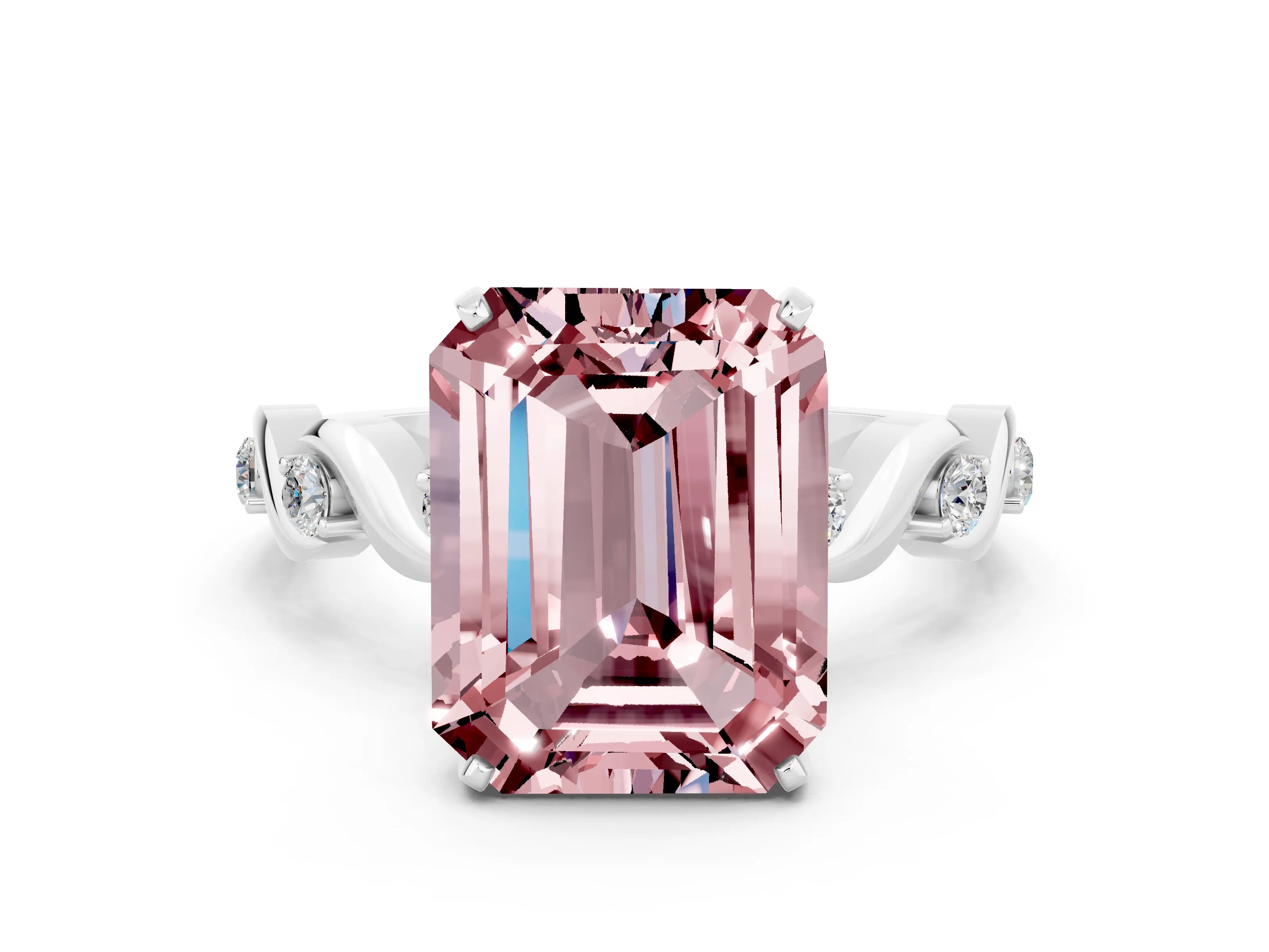 White gold Emerald Cut Morganite Solitaire Twisted Band with Round  Accents and Prong Setting_26