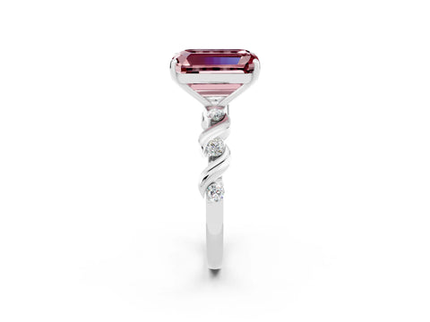 White gold Emerald Cut Morganite Solitaire Twisted Band with Round  Accents and Prong Setting_26