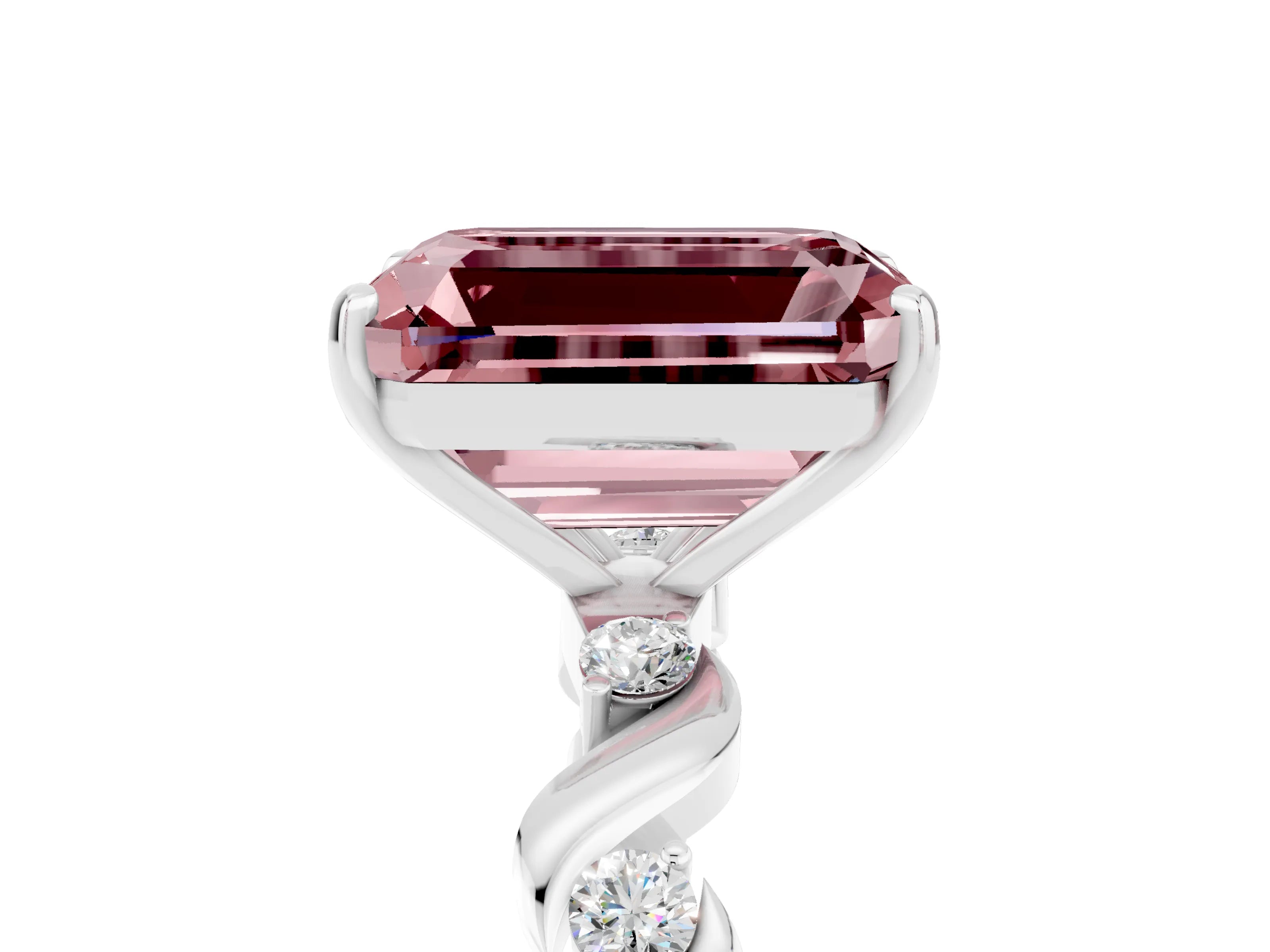 White gold Emerald Cut Morganite Solitaire Twisted Band with Round  Accents and Prong Setting_31