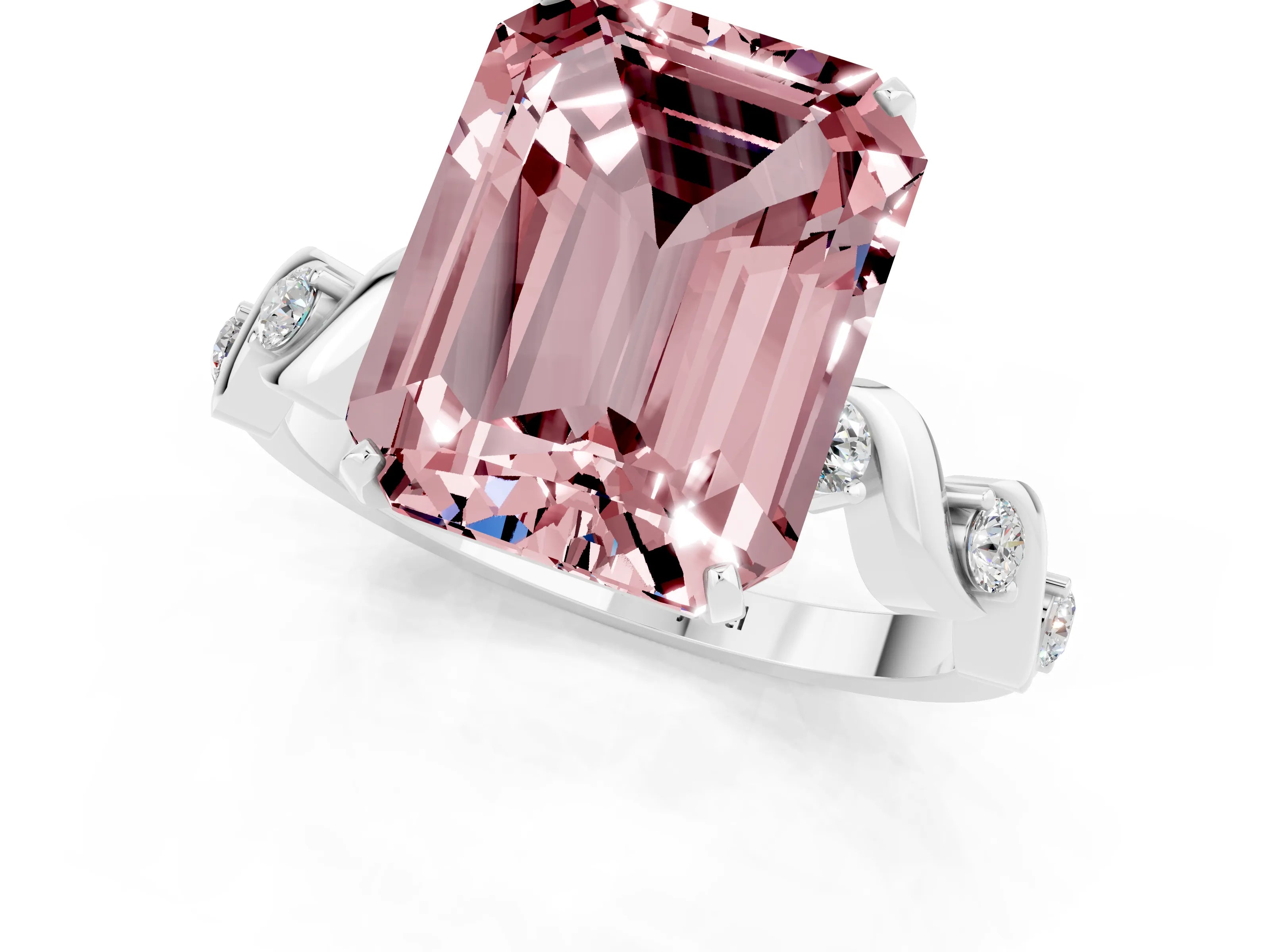 White gold Emerald Cut Morganite Solitaire Twisted Band with Round  Accents and Prong Setting_31