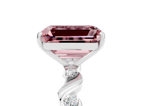 White gold Emerald Cut Morganite Solitaire Twisted Band with Round  Accents and Prong Setting_35