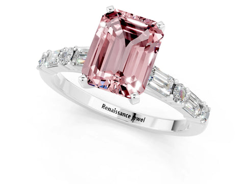 White gold Emerald Cut Morganite Solitaire with Side Baguettes and Channel Set Band_1