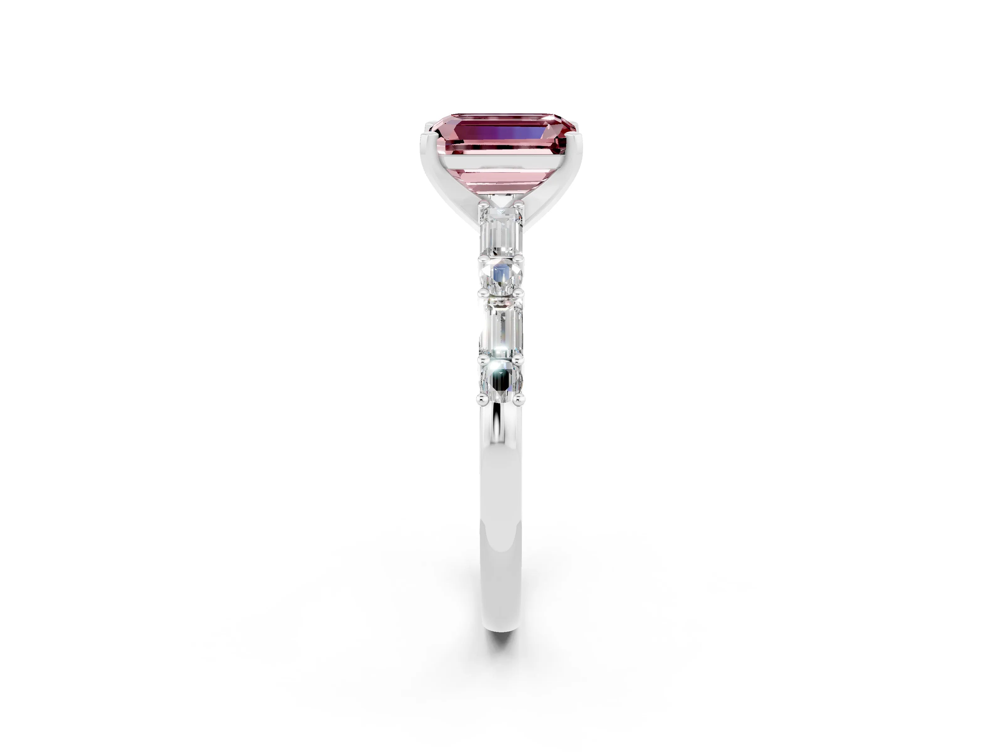 White gold Emerald Cut Morganite Solitaire with Side Baguettes and Channel Set Band_2