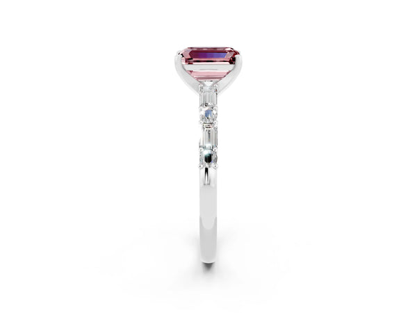 Platinum Emerald Cut Morganite Solitaire with Side Baguettes and Channel Set Band