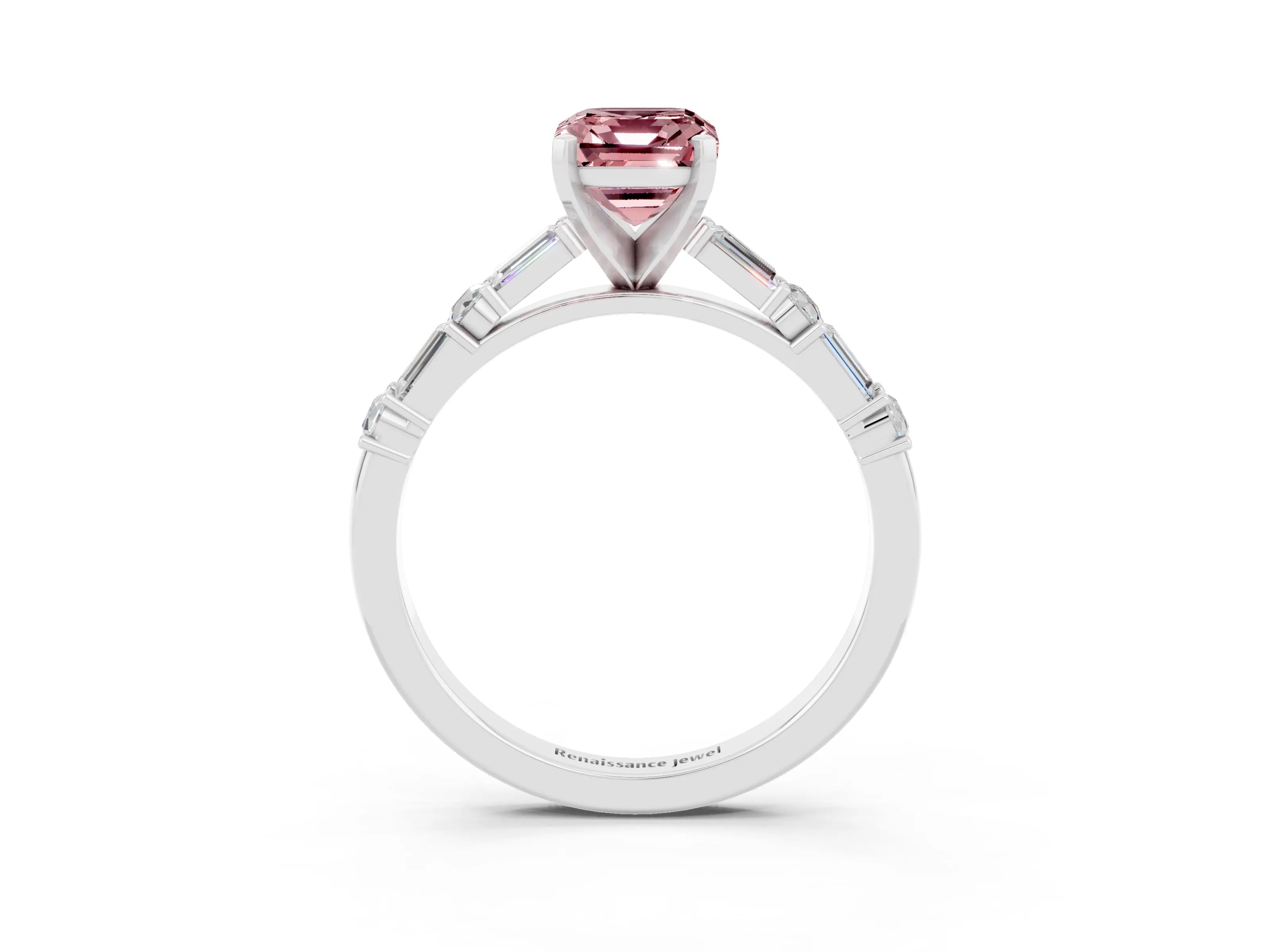 White gold Emerald Cut Morganite Solitaire with Side Baguettes and Channel Set Band_3