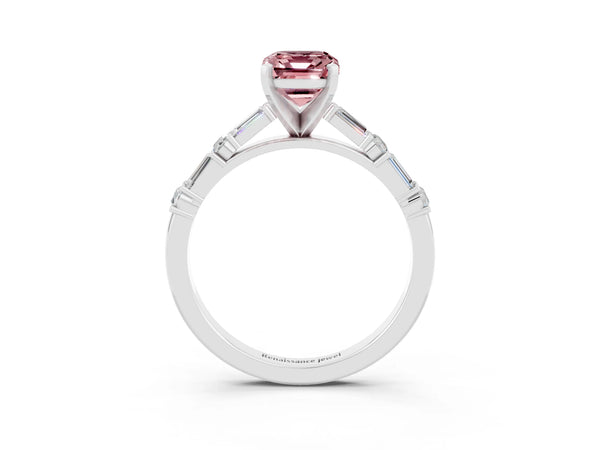 Platinum Emerald Cut Morganite Solitaire with Side Baguettes and Channel Set Band