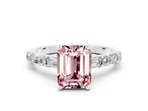 White gold Emerald Cut Morganite Solitaire with Side Baguettes and Channel Set Band
