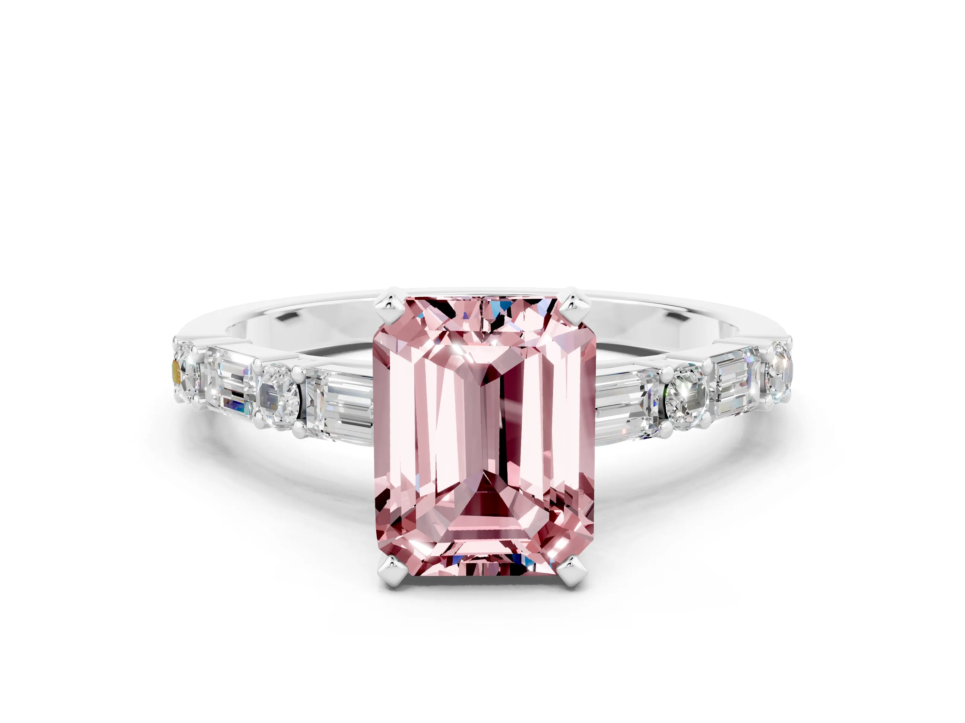 White gold Emerald Cut Morganite Solitaire with Side Baguettes and Channel Set Band
