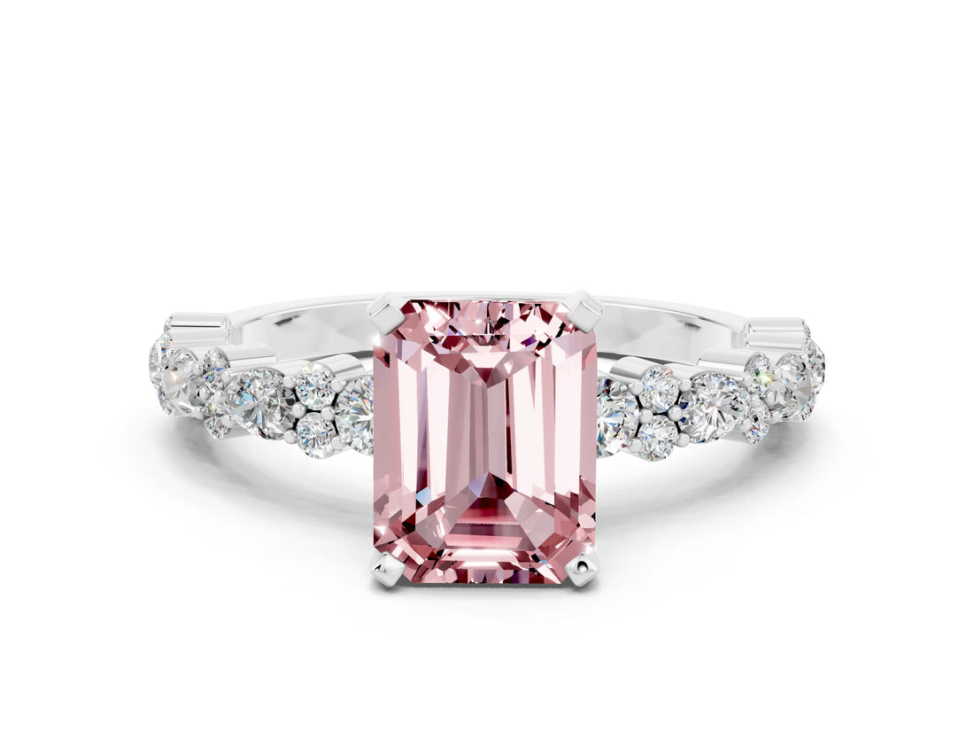 White gold Emerald Cut Morganite Solitaire with Side Stones, Pave Band, Four-Prong Setting_36