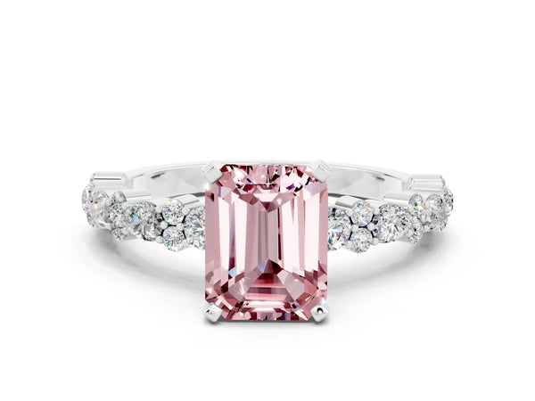 Platinum Emerald Cut Morganite Side Stone Solitaire Ring with Round  and Four-Prong Setting