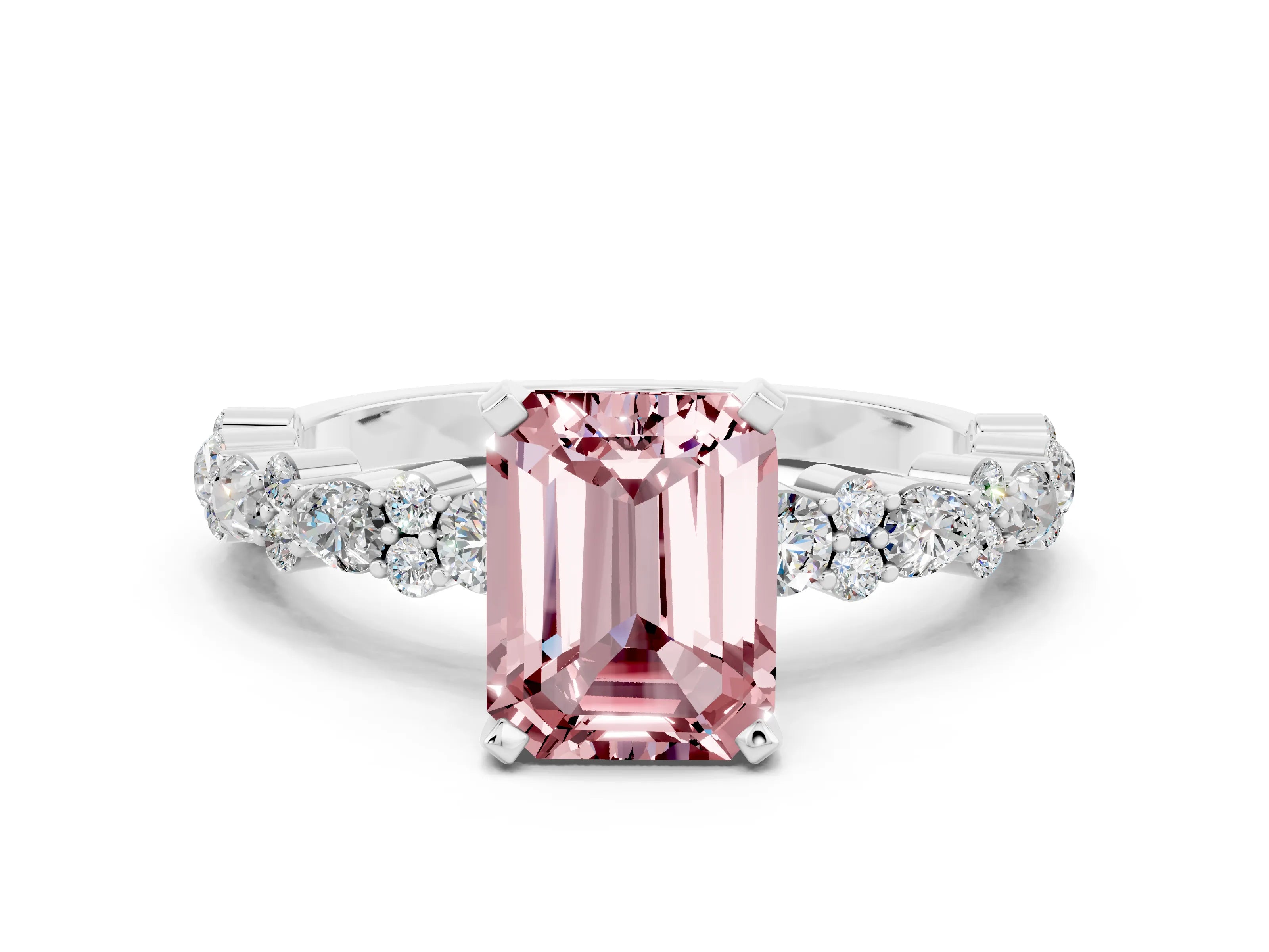 White gold Emerald Cut Morganite Solitaire with Side Stones, Pave Band, Four-Prong Setting_36