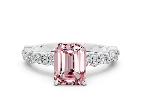 White gold Emerald Cut Morganite Solitaire with Side Stones, Pave Band, Four-Prong Setting_36