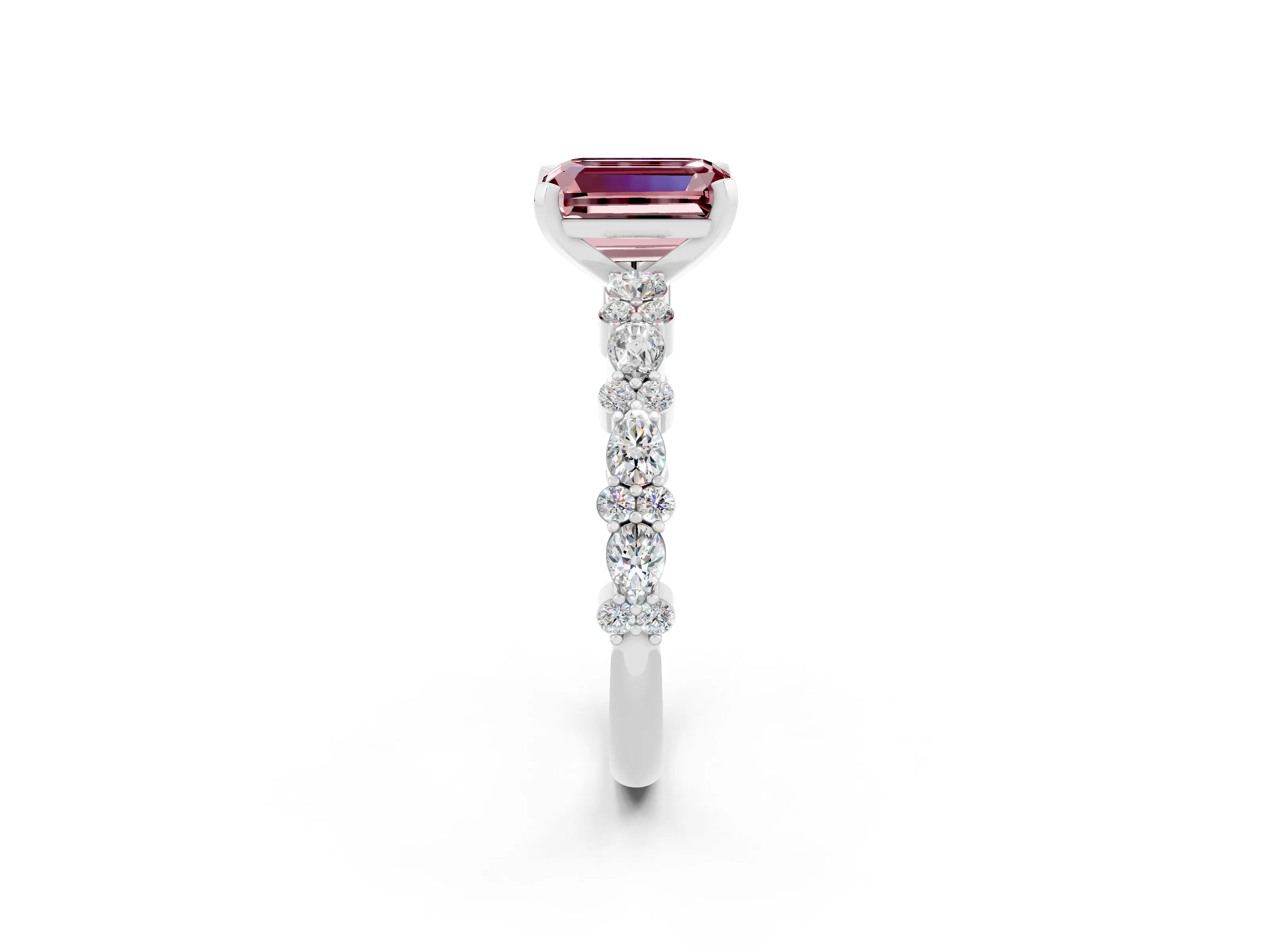 White gold Emerald Cut Morganite Solitaire with Side Stones, Pave Band, Four-Prong Setting_38