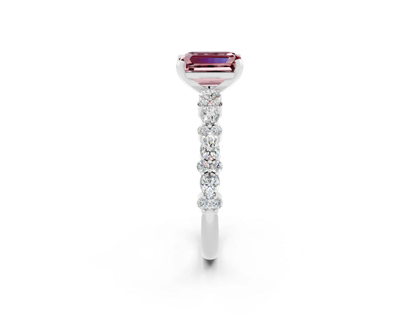 Silver Emerald Cut Morganite Side Stone Solitaire Ring with Round  and Four-Prong Setting