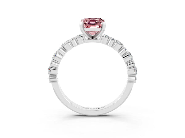 Platinum Emerald Cut Morganite Side Stone Solitaire Ring with Round  and Four-Prong Setting