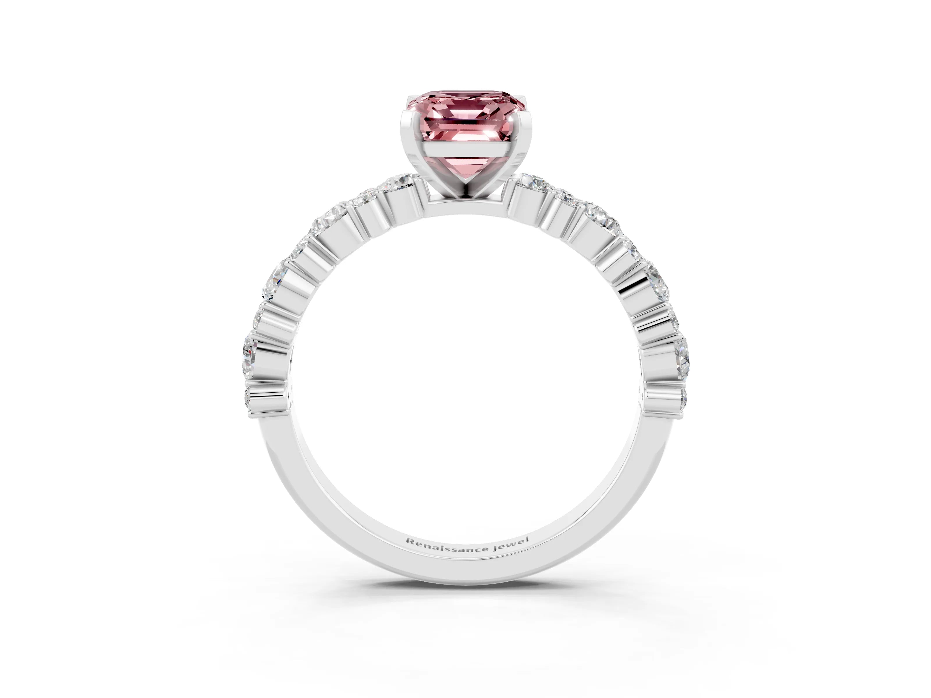 White gold Emerald Cut Morganite Solitaire with Side Stones, Pave Band, Four-Prong Setting_39