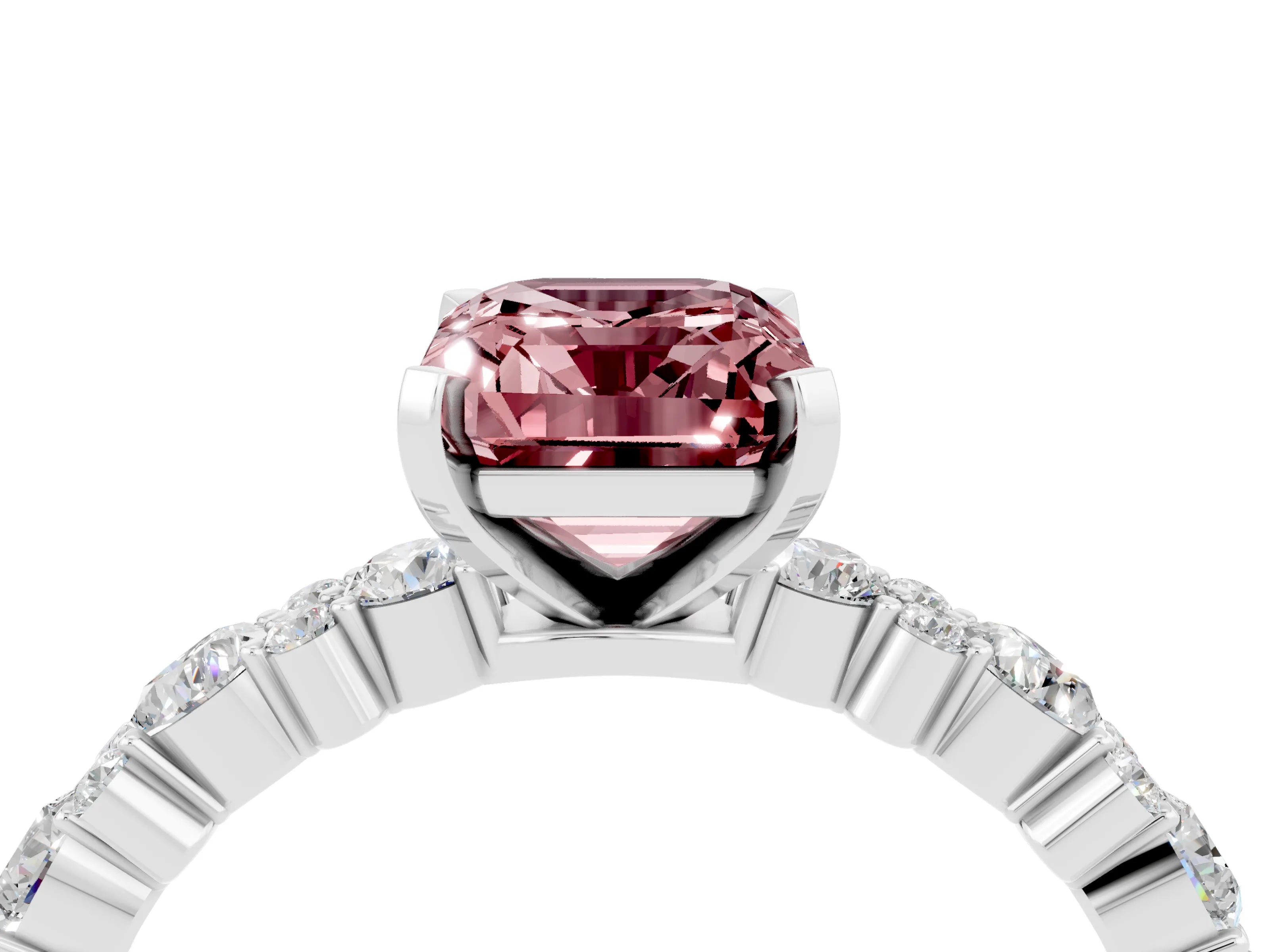 White gold Emerald Cut Morganite Solitaire with Side Stones, Pave Band, Four-Prong Setting_40