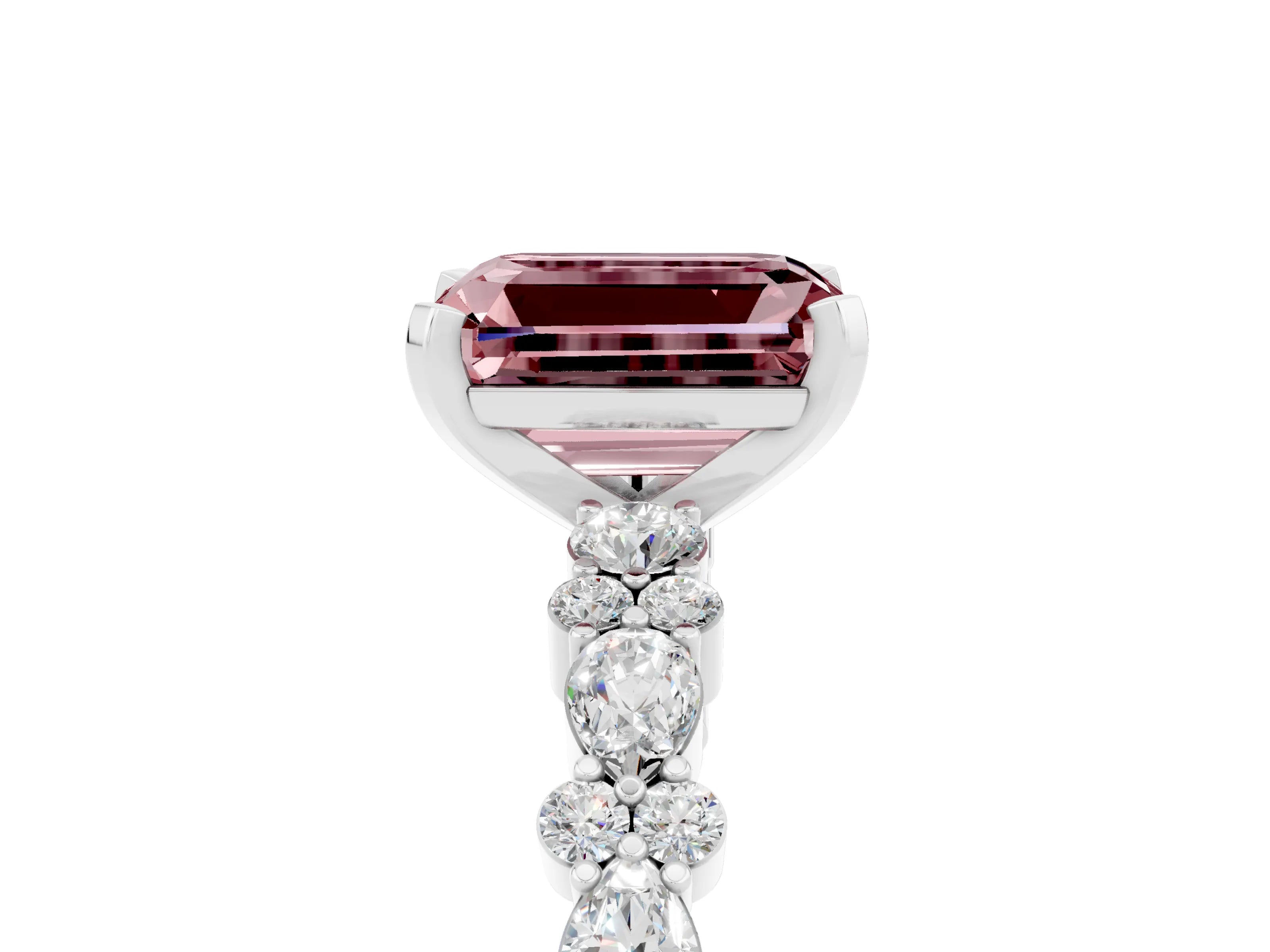 White gold Emerald Cut Morganite Solitaire with Side Stones, Pave Band, Four-Prong Setting_41
