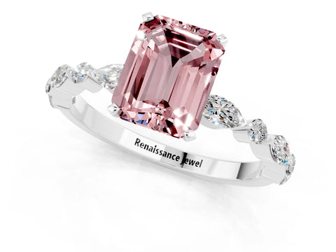 White gold Emerald Cut Morganite Solitaire with Side Stones on a Pavé Band and Four-Prong Setting_1