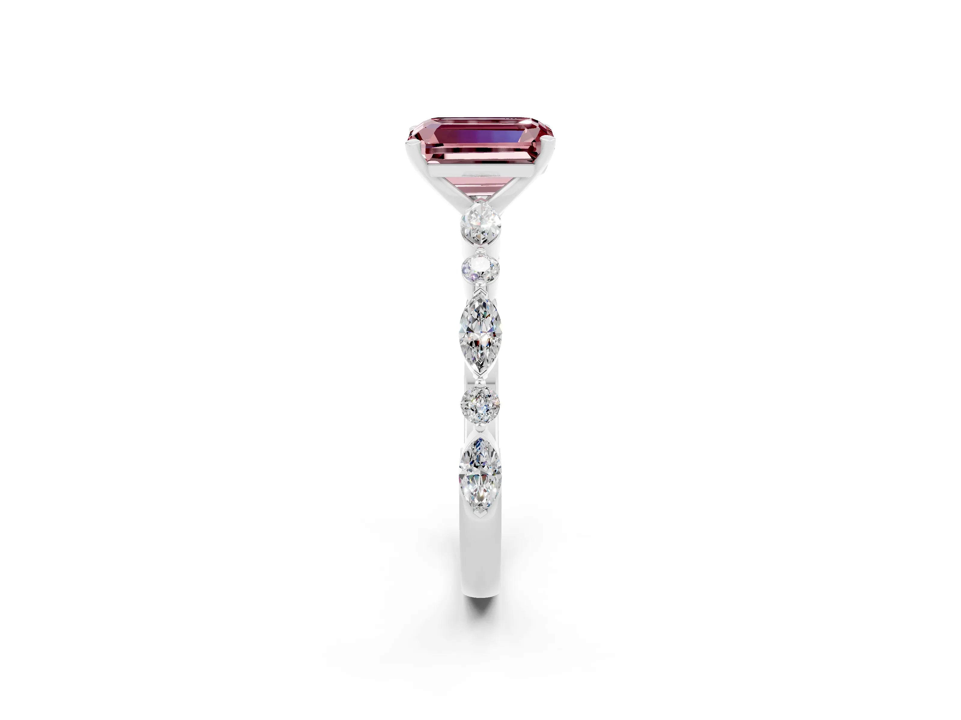 White gold Emerald Cut Morganite Solitaire with Side Stones on a Pavé Band and Four-Prong Setting_2