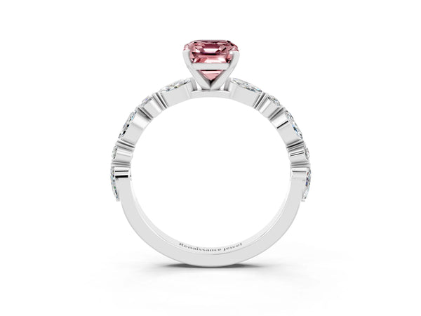 Silver Emerald Cut Morganite Ring with Marquise and Round  Side Stones and Four-Prong Setting