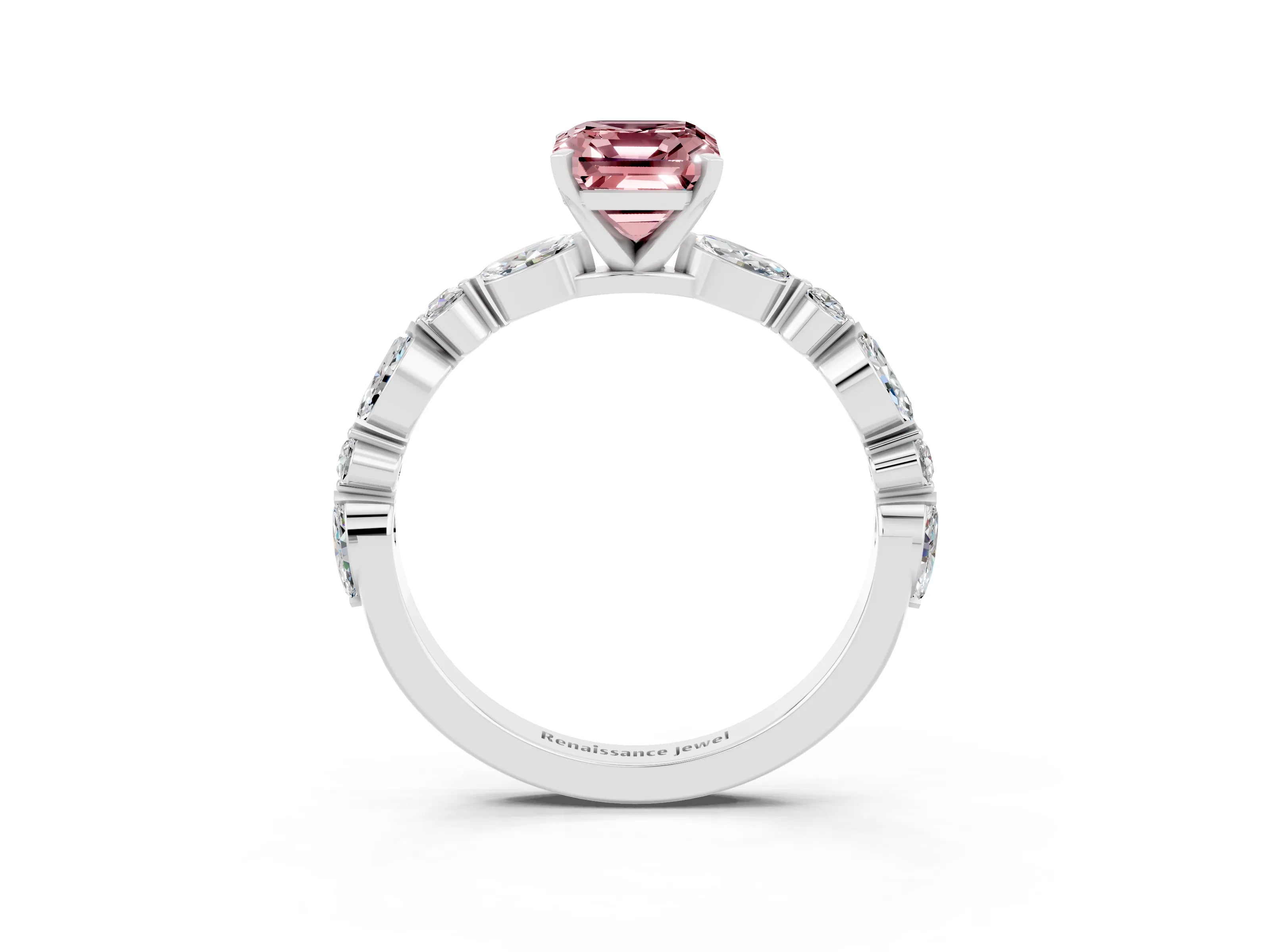 White gold Emerald Cut Morganite Solitaire with Side Stones on a Pavé Band and Four-Prong Setting_3