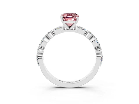 White gold Emerald Cut Morganite Solitaire with Side Stones on a Pavé Band and Four-Prong Setting_3