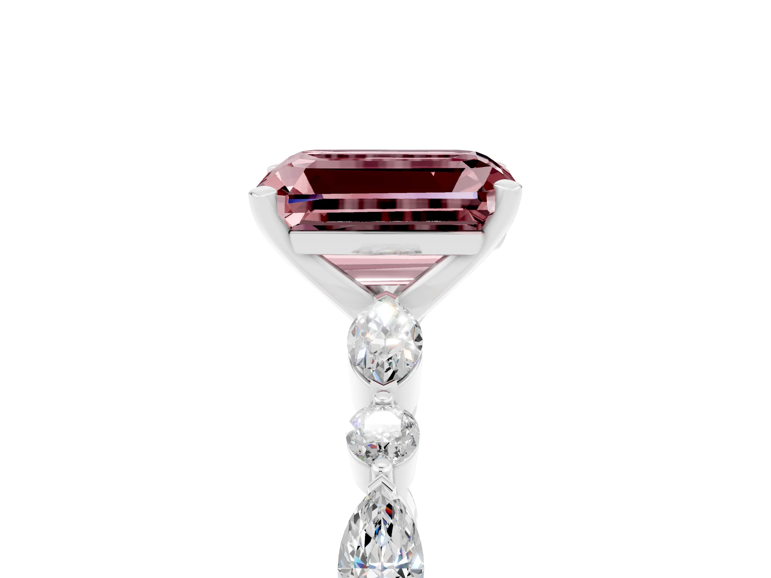 White gold Emerald Cut Morganite Solitaire with Side Stones on a Pavé Band and Four-Prong Setting_5