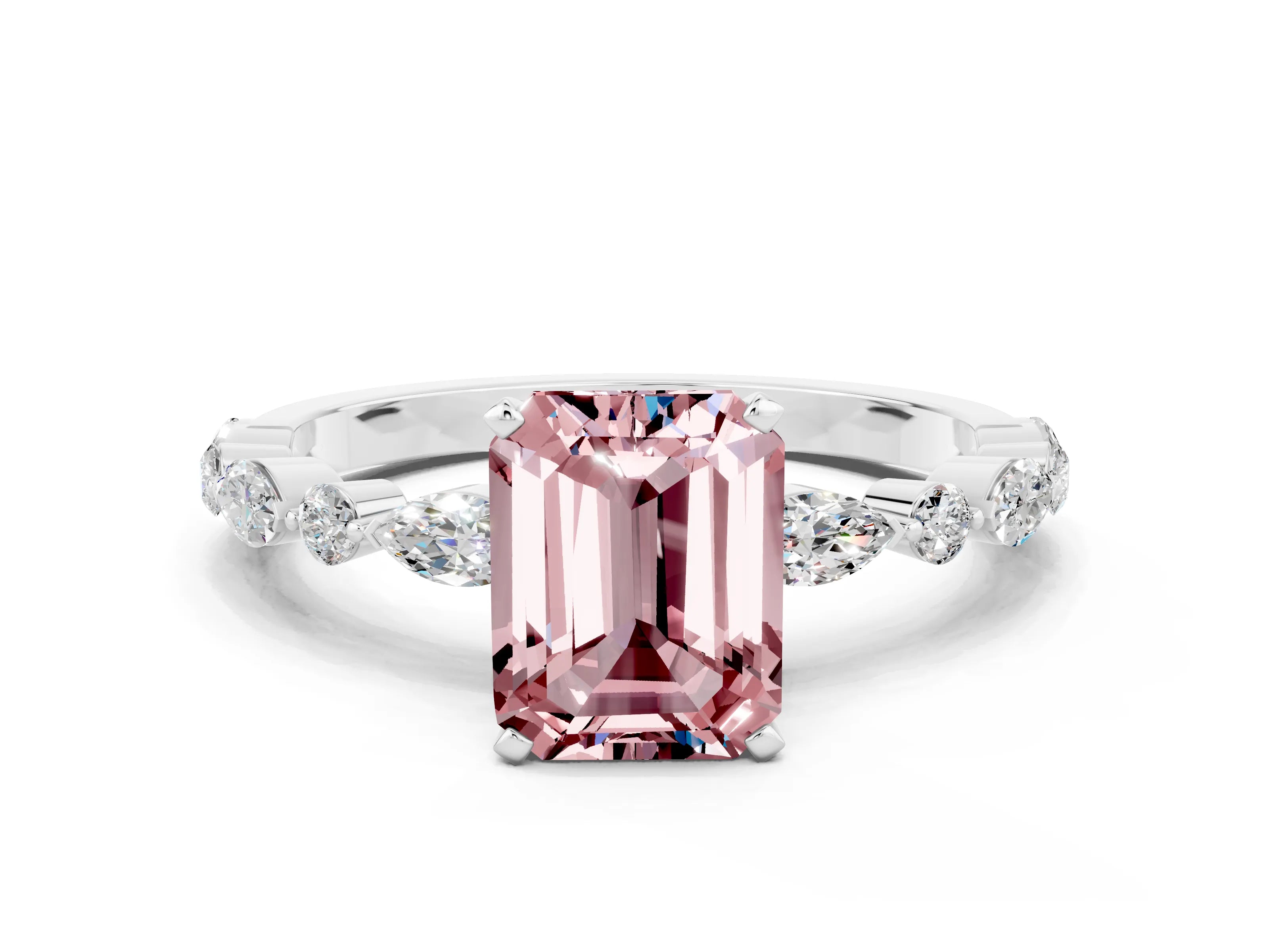 White gold Emerald Cut Morganite Solitaire with Side Stones on a Pavé Band and Four-Prong Setting