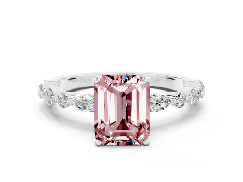 White gold Emerald Cut Morganite Solitaire with Side Stones on a Pavé Band and Four-Prong Setting
