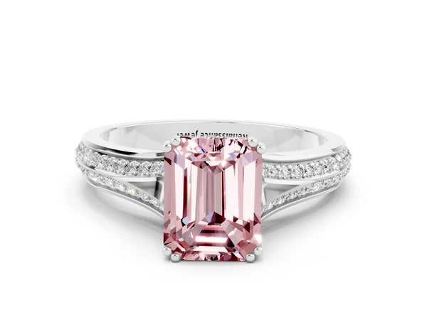 Platinum Emerald Cut Morganite Split Shank Engagement Ring with Pavé Band