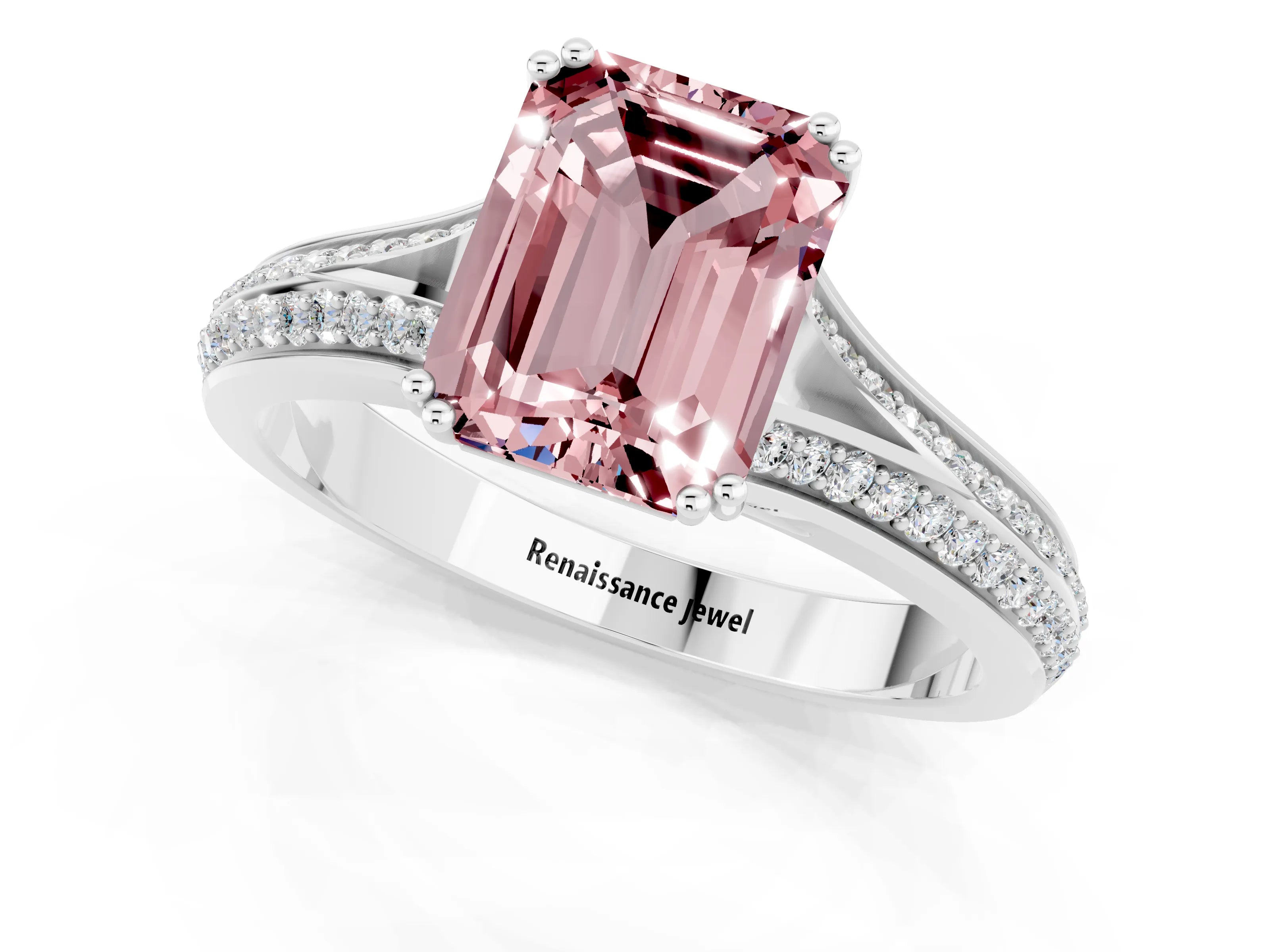 White gold Emerald Cut Morganite Split Shank Engagement Ring with Pavé Band_1
