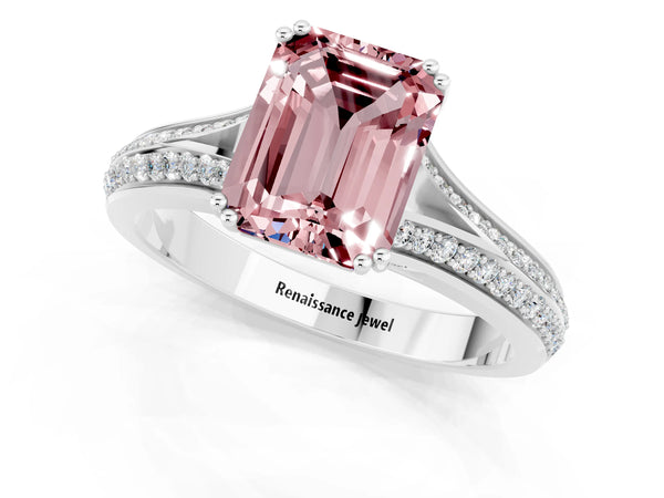 Silver Emerald Cut Morganite Split Shank Engagement Ring with Pavé Band