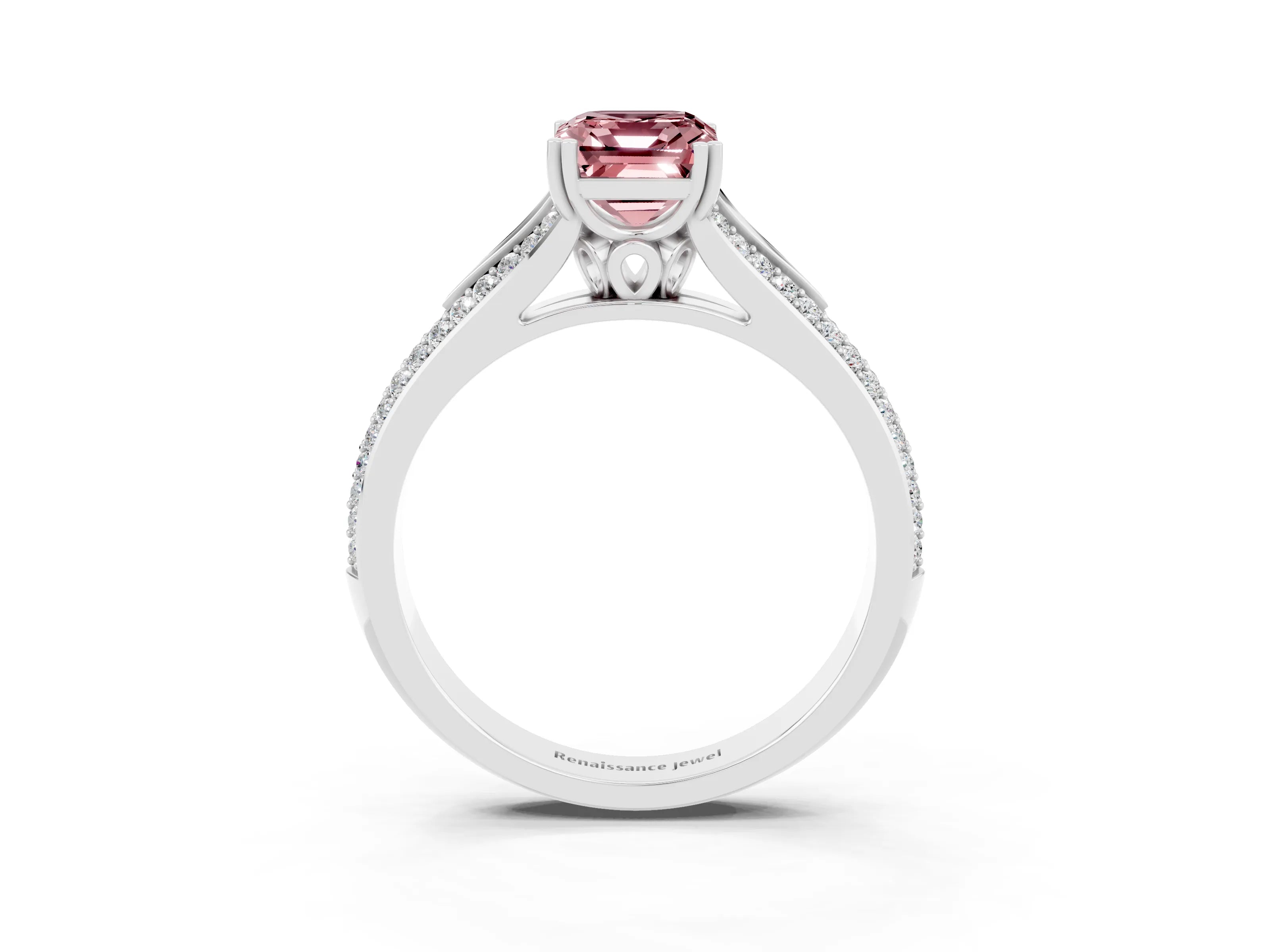 White gold Emerald Cut Morganite Split Shank Engagement Ring with Pavé Band_3
