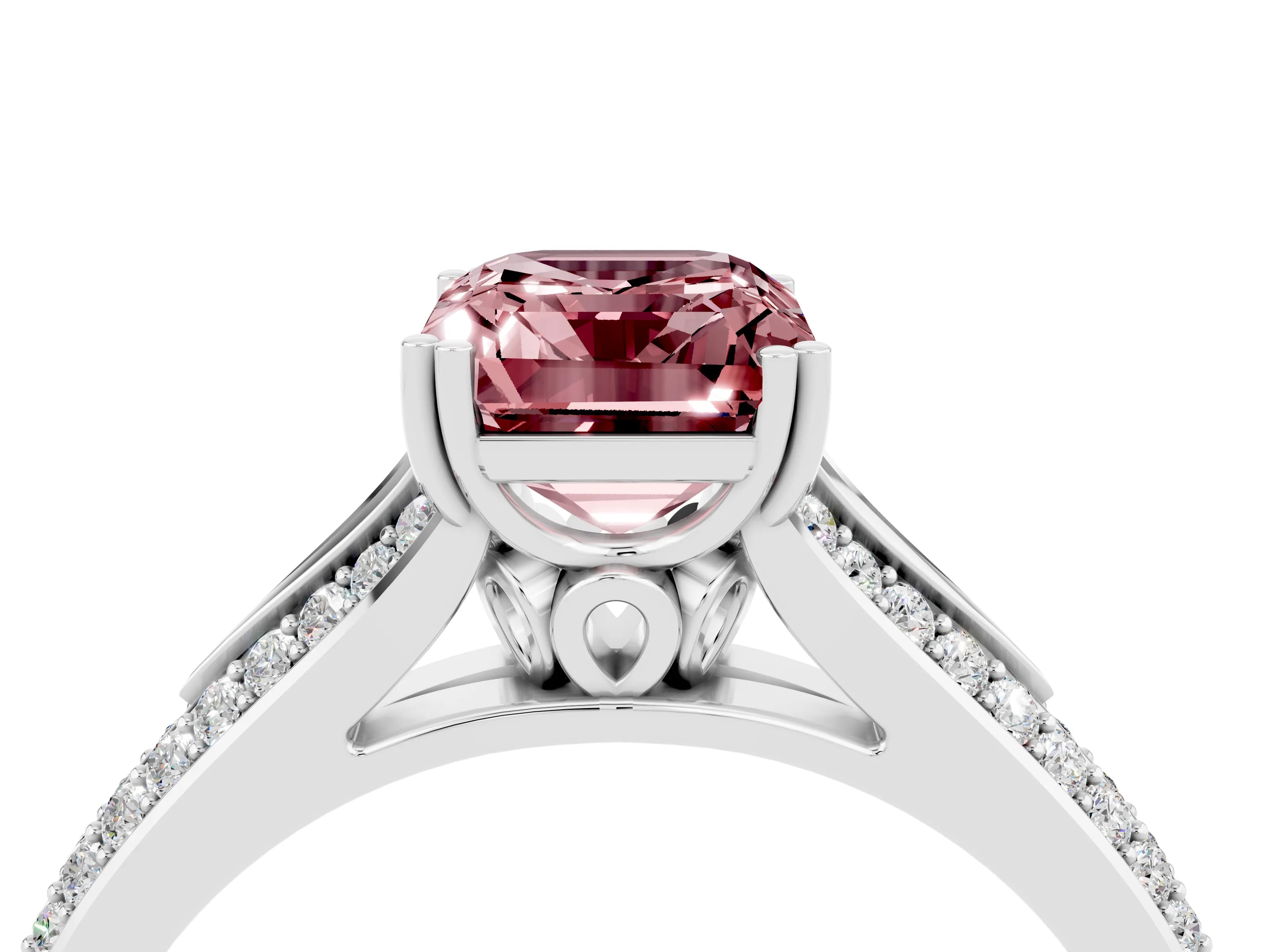 White gold Emerald Cut Morganite Split Shank Engagement Ring with Pavé Band_4