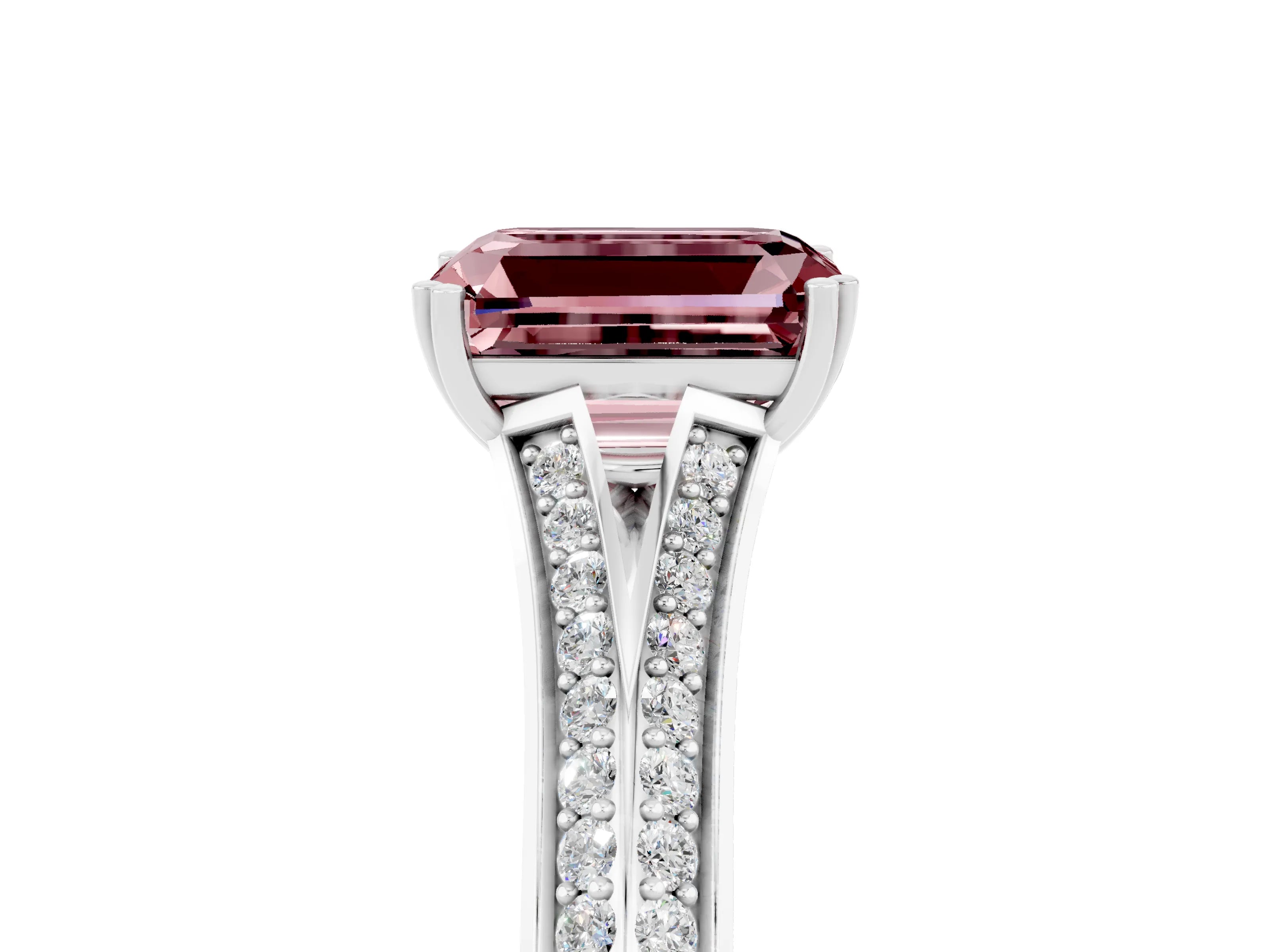 White gold Emerald Cut Morganite Split Shank Engagement Ring with Pavé Band_5
